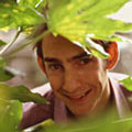 Corporate portrait of man looking through foliage
